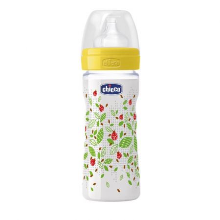 Chicco Láhev Well-Being 250 ml, silikonový dudlík střední průtok, žlutá berušky