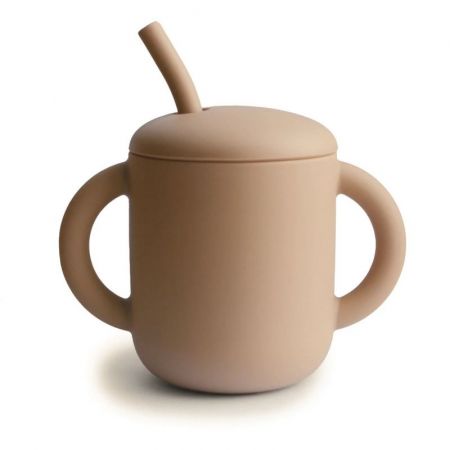 Mushie Silikonový hrneček s brčkem-Natural