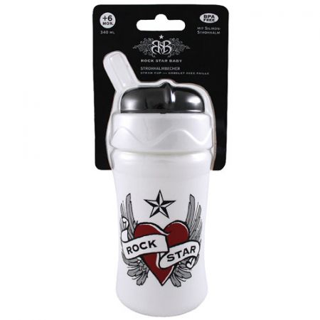 Rock Star Baby hrnek s brčkem 340 ml Srdce a křídla bílý