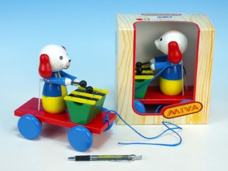 Miva Pes s xylofonem dřevo tahací 20cm v krabičce