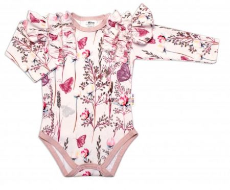 Baby Nellys Kojenecké body dlouhý rukáv s volánky Motýlci - růžová, vel. 62, 62 (2-3m)