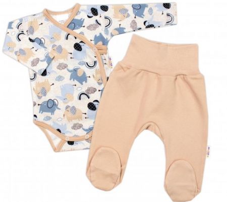 Baby Nellys 2-dílná sada, body dl.rukáv zap. bokem, polodup. Sloníci, béžová/modrá, vel.68, 68 (3-6m)