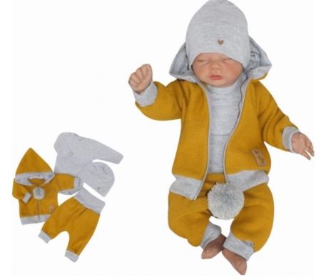 Z&Z Z&Z 4-dílná pletená soupravička, kabátek, tepláčky, čepička a body, hořčicová-šedá, vel.80, 80 (9-12m)