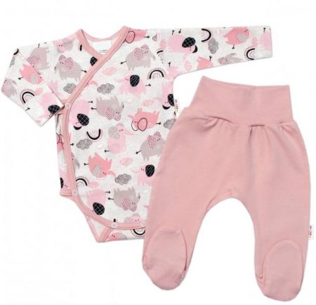 Baby Nellys 2-dílná sada, body dl.rukáv zap. bokem, polodupačky Sloníci, růžový lem,vel.62, 62 (2-3m)