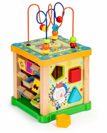 ECO TOYS Edukační dřevěná kostka s labyrintem a tabulkou