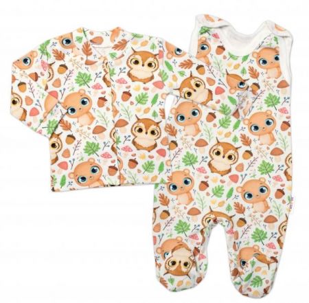 Baby Nellys 2-dílná sada bavlněné dupačky s košilkou, Moudrá Sova - krémová, 56 (1-2m)