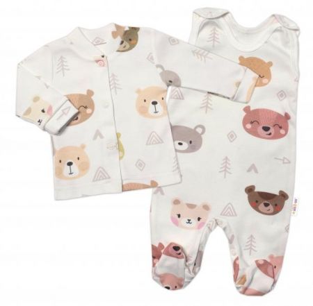 Baby Nellys 2-dílná sada bavlněné dupačky s košilkou, Sleeping faces - krémová, vel. 68, 68 (3-6m)