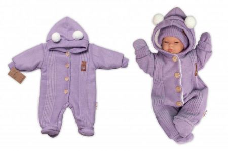 Baby Nellys Pletená kombinéza/overal LUX STAR s kožíškem - dvouvrstvá, fialová, vel. 74, 74 (6-9m)