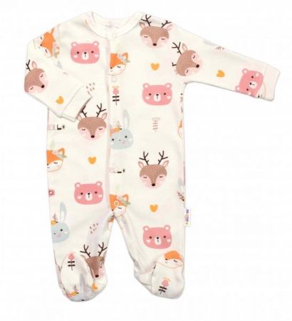Baby Nellys Kojenecký overálek zapínání uprostřed, Animal Faces - krémová, vel. 62, 62 (2-3m)