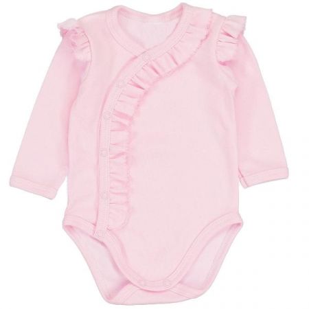 Bavlněné body MBaby s dlouhým rukávem, zapínání bokem, s volánky - růžové, 56 (1-2m)