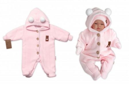 Baby Nellys Pletená kombinéza/overal LUX STAR s kožíškem - dvouvrstvá, sv. růžová, vel. 62, 62 (2-3m)