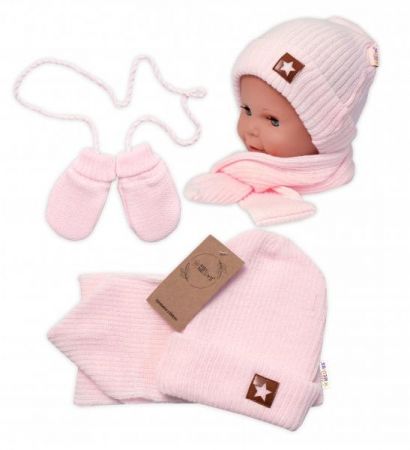 Baby Nellys Pletená čepice s šálou a rukavičky 3v1, STAR - sv. růžová, 68/74, 68-74 (6-9m)