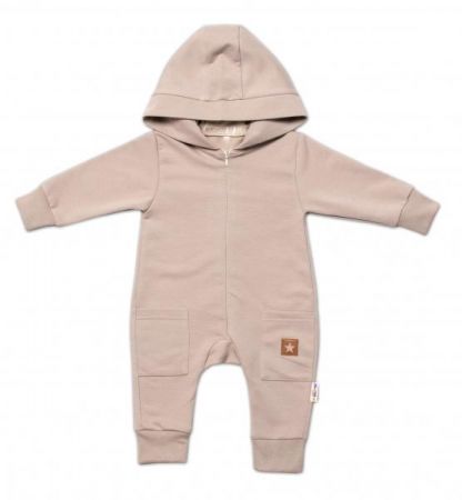 Baby Nellys Teplákový overal s kapucí a kapsičkami, New Bunny - béžová, vel. 80, 80 (9-12m)