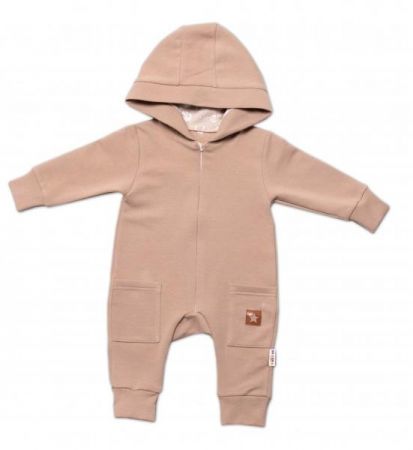 Baby Nellys Teplákový overal s kapucí a kapsičkami, New Bunny - sv. hnědá, vel. 74, 74 (6-9m)