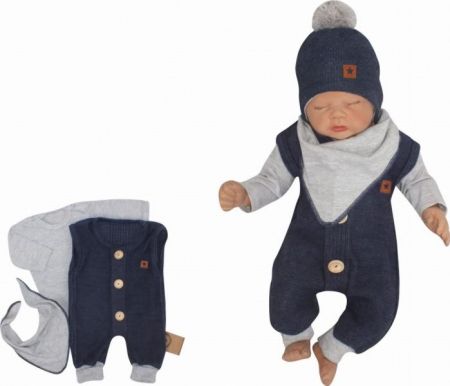 Z&Z Z&Z 3-dílná soupravička body, dupačky s knoflíčky a šátek, šedá/jeans, vel. 62, 62 (2-3m)