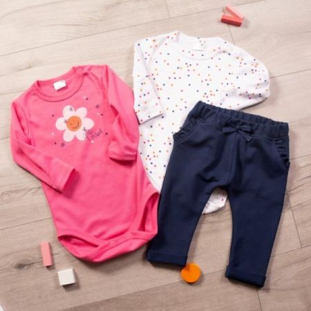 K-Baby 3-dílná sada, 2x body dl. rukáv, tepláčky - Flower and Dot, granát/růžová, vel. 80, 80 (9-12m)