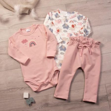 K-Baby 3-dílná sada, 2x body dl. rukáv, tepláčky - Duha a Slon, pudrová/bílá, vel. 86, 86 (12-18m)