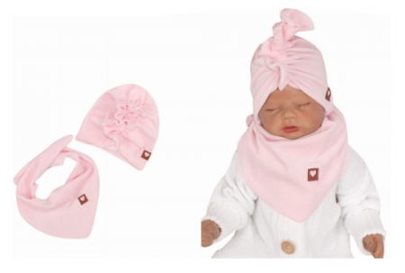 Z&Z Z&Z Stylová dětská jarní/podzimní velurová čepice, turban s šátkem, sv. růžová, 80/98, 80-98 (9-36m)