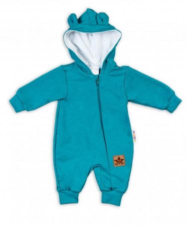 Baby Nellys Teplákový overal s kapucí Teddy - tyrkysový, vel. 80, 80 (9-12m)