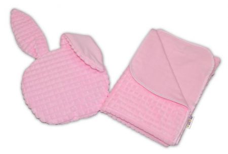 Baby Nellys 2-dílná sada do kočárku s minky s oušky, Zajíček -růžová