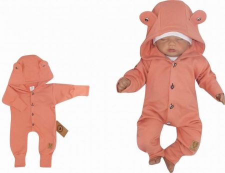Z&Z Z&Z Dětský teplákový overálek s knoflíčky a kapucí, korálová, vel. 80, 80 (9-12m)