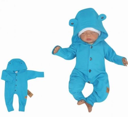 Z&Z Z&Z Dětský teplákový overálek s knoflíčky a kapucí, tyrkysový, vel. 80, 80 (9-12m)