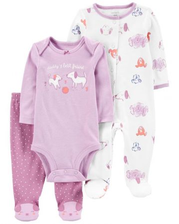 CARTERS CARTER'S Set 3dílný body dl. rukáv, overal, polodupačky Purple Dogs holka LBB 3m