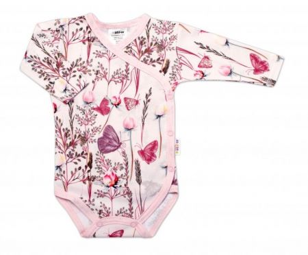 Baby Nellys Bavlněné body s dl. rukávem, zapínání bokem, Motýlci - růžová, 56 (1-2m)