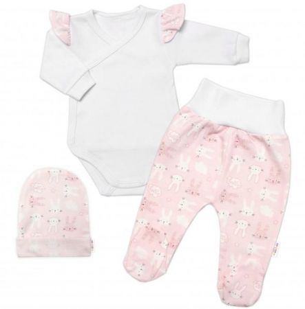 Baby Nellys 3-dílná sada, body dl.rukáv, polodupačky a čepička New Bunny, růžová, vel.62, 62 (2-3m)