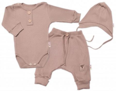 Baby Nellys 3-dílná žebrovaná soupr. Hand Made, body, tepláčky a čepička, béžová, 56 (1-2m)