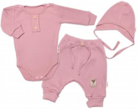 Baby Nellys 3-dílná žebrovaná soupr. Hand Made, body, tepláčky a čepička, pudrová, vel. 62, 62 (2-3m)