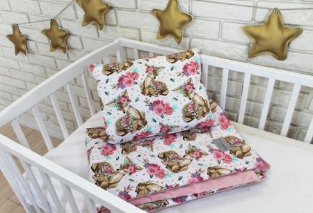 Baby Nellys 2-dílná sada do postýlky Velvet růžový, srnky/květiny