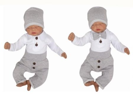 Z&Z Z&Z 4-dílná soupravička body, tepláčky, čepička a motýlek, bílá/šedá, vel. 74, 74 (6-9m)