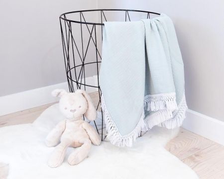 Baby Nellys Luxusní jednovrstvá mušelínová deka BOHO s třásněmi, 70 x 100 cm, mátová