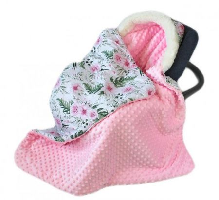 Baby Nellys Bavlněná oboustranná dečka 3v1 s minky a kožešinkou, 90x90 cm, květinky pink