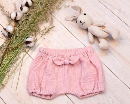 Baby Nellys Mušelínové letní kraťasky GIRL s mašličkou - pudrově růžová, 56-62 (0-3m)