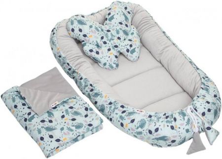 Baby Nellys Sada komplet oboustr. hnízdečko Velvet premium Boho lesík, mátová/šedá