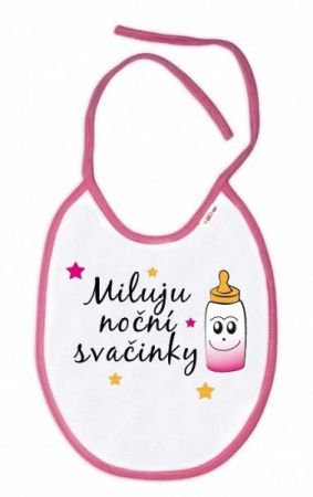 Baby Nellys Nepromokavý bryndáček Miluju noční svačinky, 24 x 27 cm-bílý s růžovým lemem