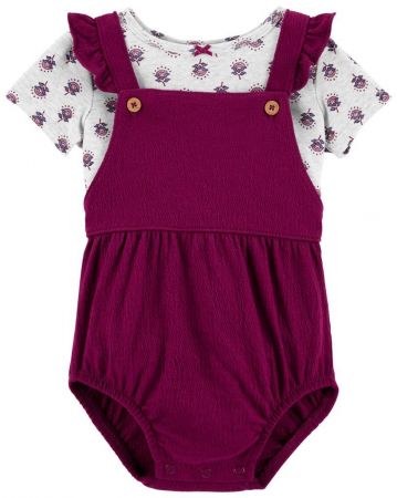 CARTERS CARTER'S Set 2dílný triko kr. rukáv, kalhotky na kšandy Purple Flowers holka NB/vel. 56