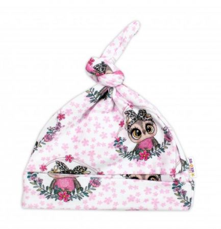 Baby Nellys Kojenecká bavlněná čepička uzlíček Cute Owls - růžová, vel. 62, 62 (2-3m)