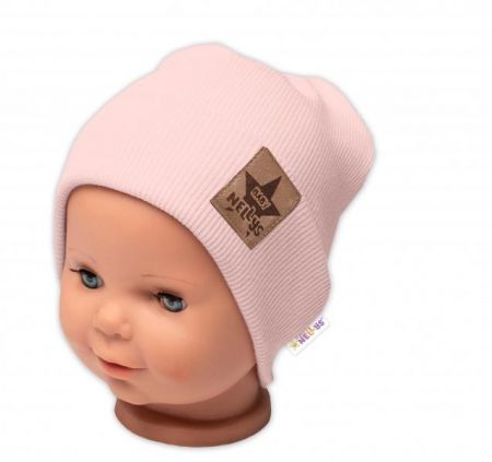 Baby Nellys Žebrovaná dvouvrstvá čepice s lemem - pudrová, vel. 92/98, 92-98 (18-36m)