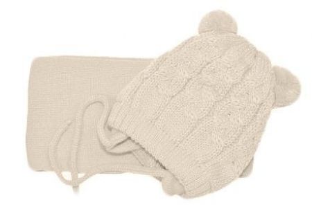 BABY NELLYS Zimní pletená kojenecká čepička s šálou TEDDY - béžová s bambulkami, vel.62/68, 62-68 (3-6m)