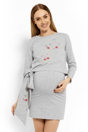 Be MaaMaa Elegantní těhotenské šaty, tunika s výšivkou a stuhou, L/XL - sv. šedé (kojící), L/XL