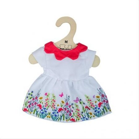 Bigjigs Toys Bílé květinové šaty s červeným límečkem pro panenku 34 cm