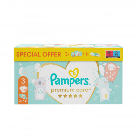 Dárkové balení Pampers Toy Box - Plenky Premium Care vel. 3 (120ks) + ubrousky Aqua Pure