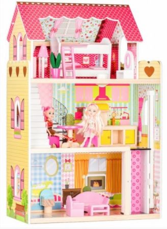 ECO TOYS Dřevěný domeček pro panenky s výtahem + 2 panenky - Malinová rezidence