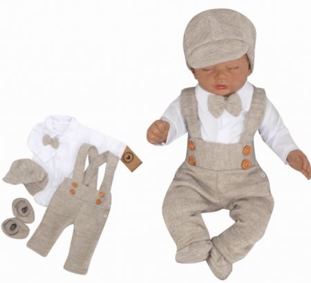 Z&Z 5-dílná pletená sada Boy, body, kalhoty, čepička, motýlek, botičky, béžová Velikost: 56 (1-2m)