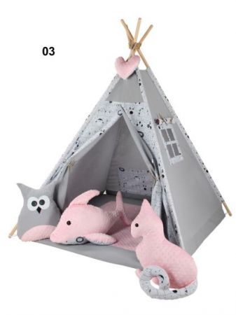 Dětský stan Teepee Baby Max RŮŽOVO/ŠEDÉ ZVÍŘÁTKA s doplňky 03