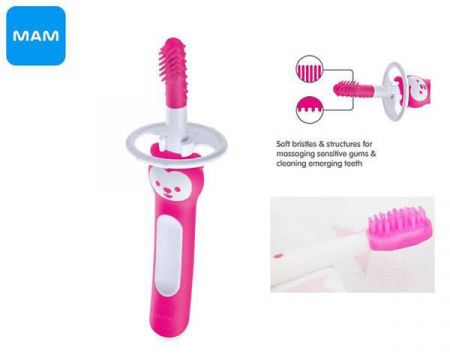 Mam Massaging Brush dětský zubní kartáček s bezpečnostním krytem 3 m+ Růžový