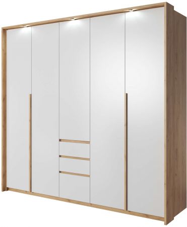 Šatní skříň široká 230 cm Borneo 230 s rampou a LED osvětlením bílá / dub zlatý